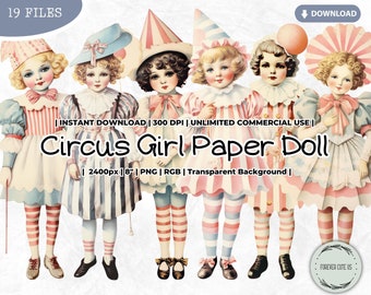 Circus Girl Paper Doll Clipart Bundle, Porcelain Doll, Fashion, Paper Doll, Antique, Digital, PNG, Scrapbook Junk Journal Paper Crafts