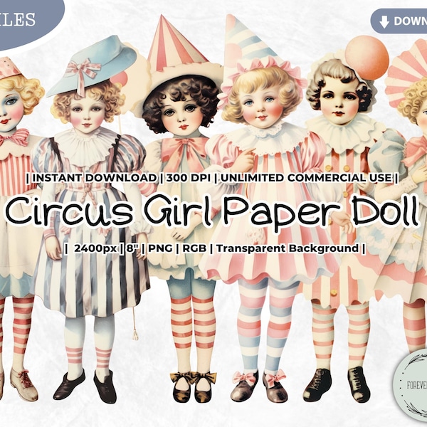 Circus Girl Paper Doll Clipart Bundle, Porcelain Doll, Fashion, Paper Doll, Antique, Digital, PNG, Scrapbook Junk Journal Paper Crafts