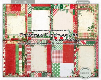 May include: A digital collage of 17 Christmas themed journal pages in a patchwork style. The pages feature red, green, and white colors with various patterns and textures. The pages are designed for use in scrapbooking, card making, and other paper crafts.