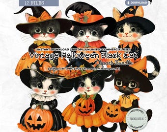 Vintage Halloween Black Cat Clipart, Witch, Pumpkin, Trick or Treat, Retro Fall Autumn, Digital Sticker Printable PNG Scrapbook Junk Journal