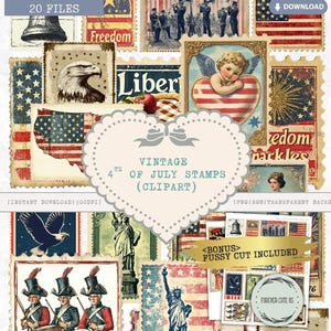 Vintage 4. Juli Briefmarken Clipart, Briefmarke zum Unabhängigkeitstag, USA Flagge, Freiheit, Adler, bedruckbare Ephemera, PNG, Fussy Cut