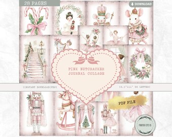 Pink Nutcracker Junk Journal Collage Page, Nutcracker Junk Journal Background, Printable Paper, Christmas Scrapbook Kit, Pastel Ballerina