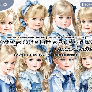 Vintage niedliche kleine blaue Mädchen Clipart, Frühling, Viktorianisch, Schulmädchen, Retro, Kawaii, Mode, Dolly, Academia Ästhetik, PNG Junk Journal