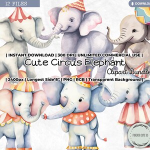Circus Elephant Clipart Set, Cute, Nursery, Carnival, Woodland, Fun Fair, Animal, Safari, Watercolor, Digital, PNG, Scrapbook Junk Journal