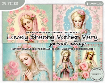 Lovely Shabby Mother Mary Junk Journal Collage Sheet, Virgin Mary, Catholic, Christian, Prayer, Gratitude, Religious, Pastel, Digital Paper
