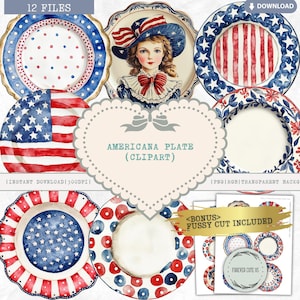 Clipart assiette Americana, patriotique, vaisselle, vaisselle, Tea Party, 4 juillet bleu rouge blanc étoiles rayures drapeau des États-Unis Amérique, PNG