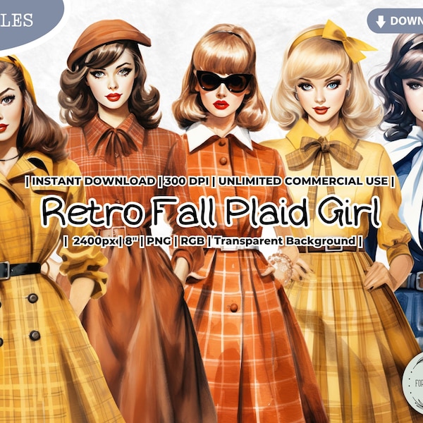 Retro Fall Plaid Girl Clipart Bundle, Autumn Dress, Preppy, Fashion, Planner, Vintage, Paper Doll PNG, Scrapbook Junk Journal Paper Crafts