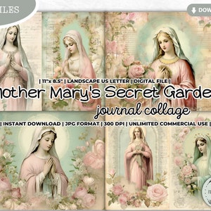 Mother Mary's Secret Garden Junk Journal Collage Sheet, Catholic, Grace, Prayer, Gratitude, Religious, Virgin, Shabby, Mint, Digital Paper