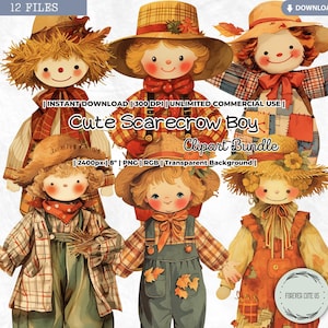 Cute Scarecrow Boy Clipart, Retro, Vintage, Fall, Autumn Harvest Watercolor Thanksgiving Pumpkin Paper Doll, PNG, Scrapbooking, Junk Journal