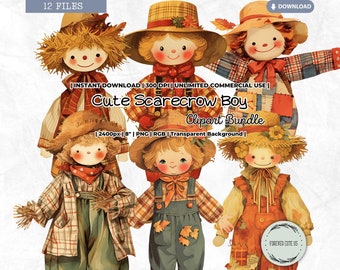 Schattige vogelverschrikker clipart, retro, vintage, herfst, herfst oogst aquarel Thanksgiving pompoen Paper Doll, png, scrapbooking, junk Journal