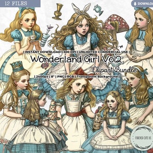 Clipart de menina do país das maravilhas, inspirado na aventura de Alice, Alice, cogumelo, festa do chá, PNG para impressão digital cartão de arte scrapbook diário de lixo