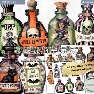 Halloween Potion Bottles Clipart Set, Magical, Apothecary Labels, Witch, Vintage, Retro, Fussy Cut, Sticker, Printable PNG Scrapbook Journal