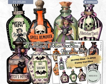 Halloween Potion Bottles Clipart Set, Magical, Apothecary Labels, Witch, Vintage, Retro, Fussy Cut, Sticker, Printable PNG Scrapbook Journal