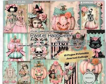 Pastell Halloween Junk Journal Collage Sheet, bedruckbare Papiere, Seiten, Scrapbooking, Kartenherstellung, Ephemera, Digital, Herbst, Herbst, Mintgrün, Rosa