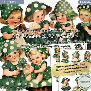 Ensemble de cliparts Noël champignon fille, petite fille, champignon vénéneux vert, rétro, vintage, cottagecore, coupe difficile, PNG scrapbooking indésirable journal