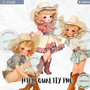 May include: Three illustrations of girls wearing cowboy hats and outfits. The girls are wearing red and white plaid, blue and white stars, and blue and white stars with a red bandana. The girls are all smiling and looking at the camera.