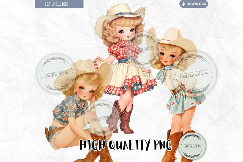 May include: Three illustrations of girls wearing cowboy hats and outfits. The girls are wearing red and white plaid, blue and white stars, and blue and white stars with a red bandana. The girls are all smiling and looking at the camera.