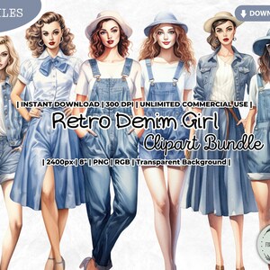 Ensemble de clipart fille en denim rétro, automne, jean, short, jupe, short, mode, agenda, vintage, Paper Doll PNG, papier pour scrapbooking