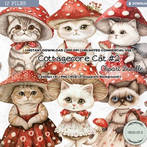 Clipart chat Cottagecore, chaton, minou, champignon, champignons, champignon vénéneux, fantaisiste, cottage, forêt, PNG, scrapbooking, éphémères de journal indésirable