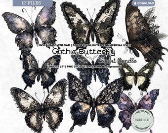 Gothic Butterfly Clipart, Watercolor, Black, Dark, Goth, Brooch, Lace, Embellishment, Wing, Victorian, Printable, PNG Scrapbook Junk Journal