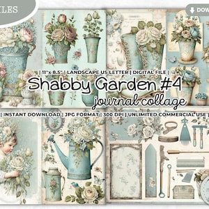 Shabby Garten Junk Journal Collage Sheet, Mädchen, Übertopf, Gießkanne, Stiefel, Vogel, Cottagecore, Shabby Chic, Pastell, Scrapbooking Papiere
