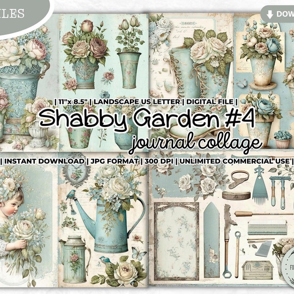 Shabby Garden Junk Journal Collage Sheet, Girl, Planter, Watering Can, Boots, Bird, Cottagecore, Shabby Chic, Pastel, Scrapbooking Papers