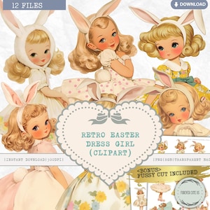 Retro Ostern Kleid Mädchen Clipart, Hasenohr, Vintage, Eiersuche, Nostalgisch, Frühling, Pastell, Ostereikorb, Papierpuppe, PNG, Scrapbook