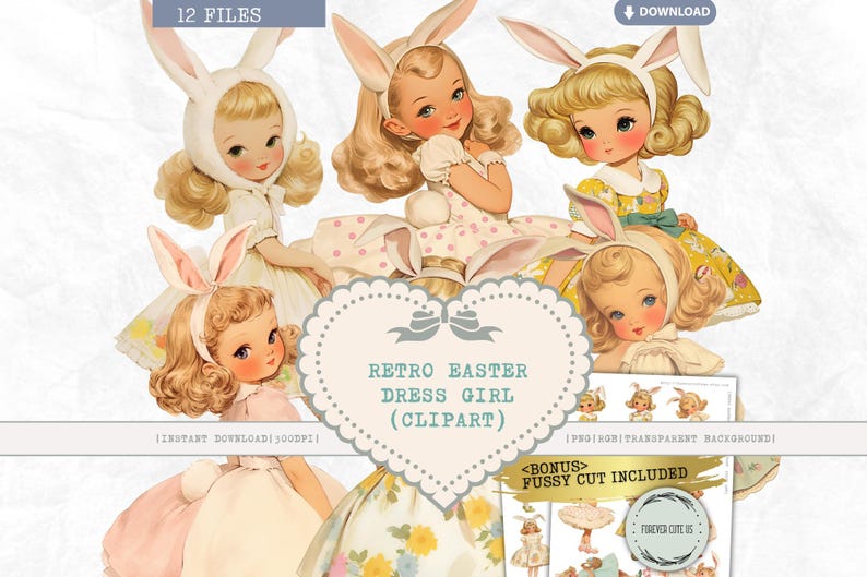 Retro Easter Dress Girl Clipart, Bunny Ear, Vintage, Egg Hunt