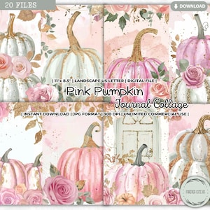 Pink Pumpkin Junk Journal Collage Sheet Kit, Autumn, Fall, Leaves, Thanksgiving, Printable Papers, Pages, Scrapbooking, Digital, Shabby