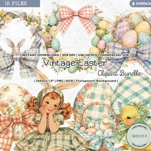 Vintage Ostern Clipart, Retro, Hase, Gelbes Küken, Kranz, Korb, Eier, Ente, Mädchen, Schleife, Shabby, Frühling, PNG, Scrapbooking, Junk Journal