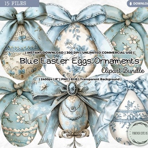May include: A set of 15 blue and white Easter egg ornaments with blue satin bows. The eggs are decorated with floral patterns and have a vintage look. The ornaments are 8 inches in size and have a transparent background.