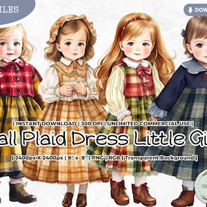 Herbst kariertes Kleid kleines Mädchen Clipart, Aquarell Vintage Thanksgiving, PNG Digital Download Kartenherstellung Scrapbook Junk Journal Papierhandwerk