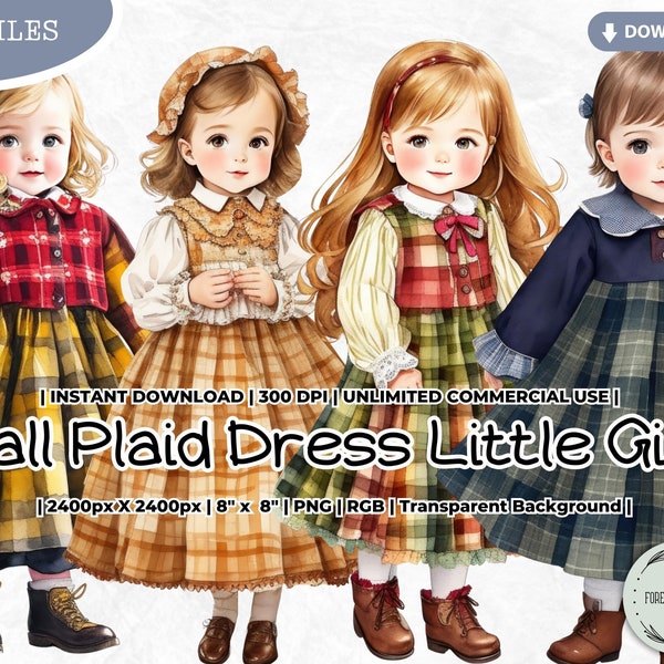 Fall Plaid Dress Little Girl Clipart, Watercolor Vintage Thanksgiving, PNG Digital Download Card Making Scrapbook Junk Journal Paper Crafts