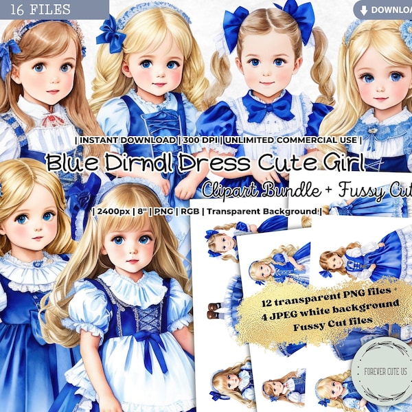 Blue Dirndl Dress Cute Girl Clipart Set, Traditional German, Oktoberfest, Alpine, Bavarian, European, Fashion, Printable, Fussy Cut, PNG