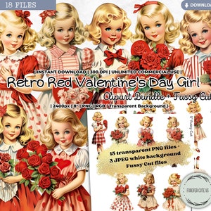 Retro Red Valentine's Day Girl Clipart, Anniversary, Love, Rose, Heart, Wedding, Vintage, PNG, Fussy Cut, Scrapbook, Junk Journal Ephemera