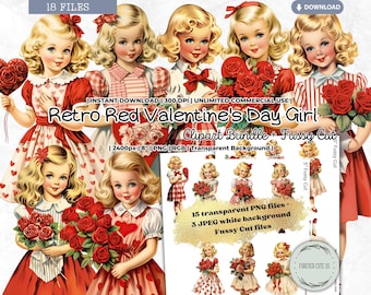 May include: A digital clipart bundle of 18 retro Valentine's Day girl illustrations. The girls are dressed in red and white dresses with hearts and flowers. The illustrations are in PNG and JPEG format with transparent backgrounds and fussy cut files.