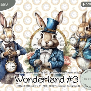 Wunderland Clipart, Alice Abenteuer inspiriert, weißes Kaninchen, PNG digitale Bild-Downloads für die Kartenherstellung Scrapbook Junk Journal Crafts