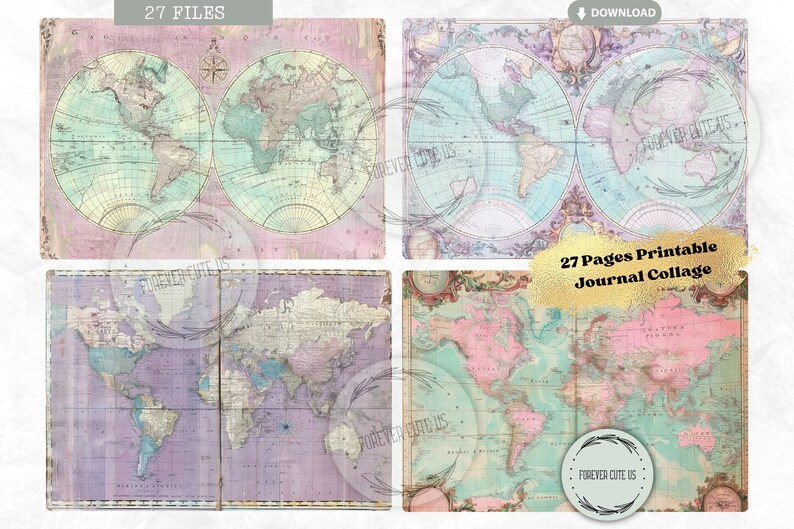 Pastel Old Map Junk Journal Collage Sheet, Antique Map, Background ...