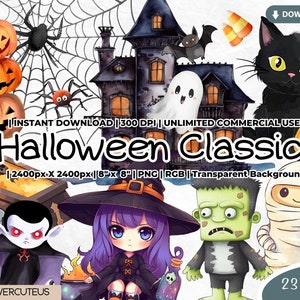 Clipart clásico de Halloween, Halloween png, Clipart de Halloween, Descarga imprimible, Casa embrujada, Bruja, Fantasma, Calavera, Maíz dulce, Gato negro