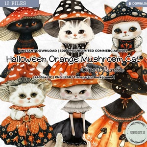Clipart chat Halloween champignon orange, chat noir, Cottagecore, automne, automne, champignon vénéneux, sorcière, poupée, imprimable, PNG Scrapbooking Junk Journal