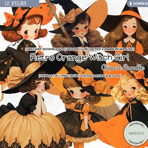 Retro Orange Witch Girl Clipart, Trick or Treat, Vintage, Little Witch, Halloween, Printable, Fussy Cut, PNG Scrapbook Junk Journal Craft