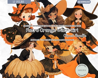 Retro Orange Witch Girl Clipart, Trick or Treat, Vintage, Little Witch, Halloween, Printable, Fussy Cut, PNG Scrapbook Junk Journal Craft