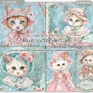 Lot de feuilles de collage pour carnet bleu victorien chat, chaton, pastel, vintage, rose, imprimable, shabby chic, scrapbooking, papiers numériques
