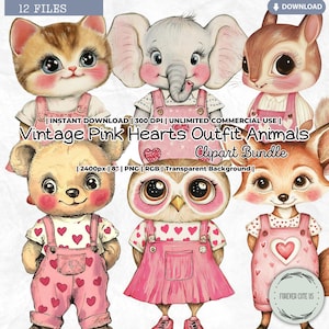 Vintage roze hartjes outfit dieren clipart, bos, safari, huisdier, dierentuin, kinderkamer, kat, olifant, uil, konijn, beervos, tijger nijlpaard capibara
