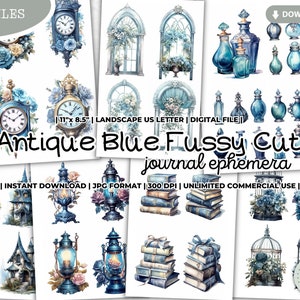 Antique Blue Fussy Cut, Journal Ephemera, Digital Kit, Victorian, Vintage, Lantern, Window, Clock, Lamp, Book, Perfume, Cottage, Scrapbook