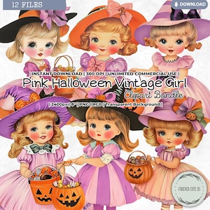 Rosa Halloween Mädchen Clipart, Retro, Pastell, Baby Mädchen, Kind, niedlich, Hexenhut, Süßes oder Saures, Candy Bucket, verträumt, wunderlich, PNG