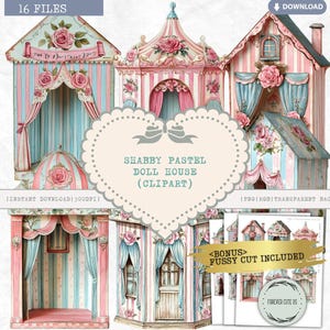 Shabby Pastell Puppenhaus Clipart, Papier Puppenhaus, Puppenhaus, Aquarell Printable, Shabby Chic, Vorhang, Verträumt, Sammlerstück, Digital PNG