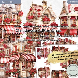 Christmas Coffee Shop Clipart Bundle, Valentine&#39;s Day, Vintage, Victorian, French, Fairytale, Cafe, Bakery, Dessert, PNG, Fussy Cut, Journal