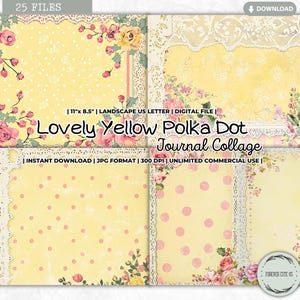 Gelbe Polka Dots Junk Journal Collage Sheet, Shabby Chic, Pastell, Punkte, verträumt, romantisch, vintage, bedruckbares Papier