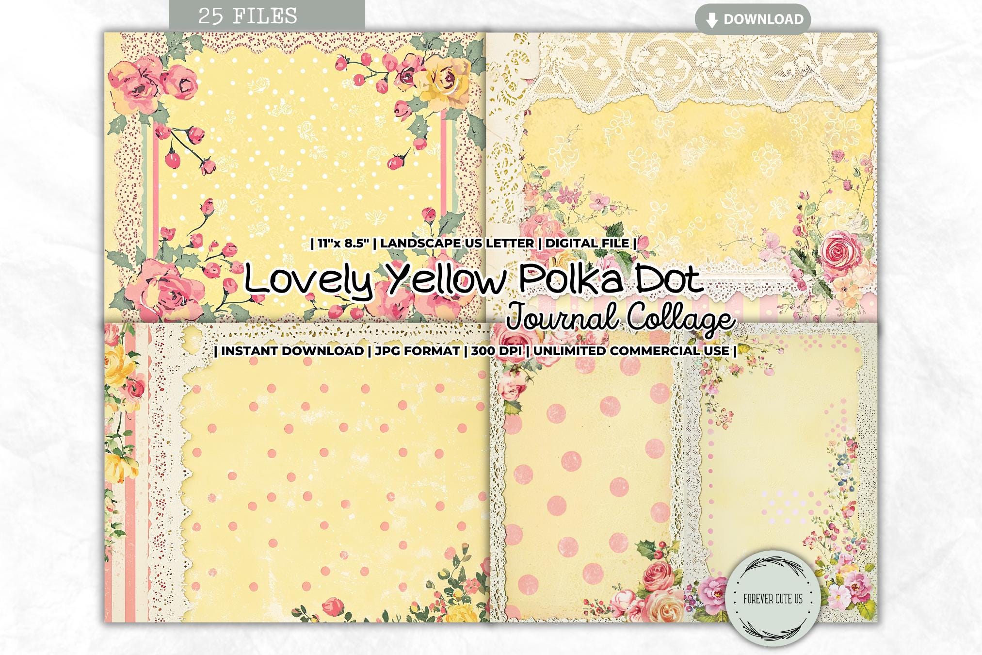 Lovely Yellow Polka Dot Junk Journal Collage Sheet, Shabby Chic, Soft ...